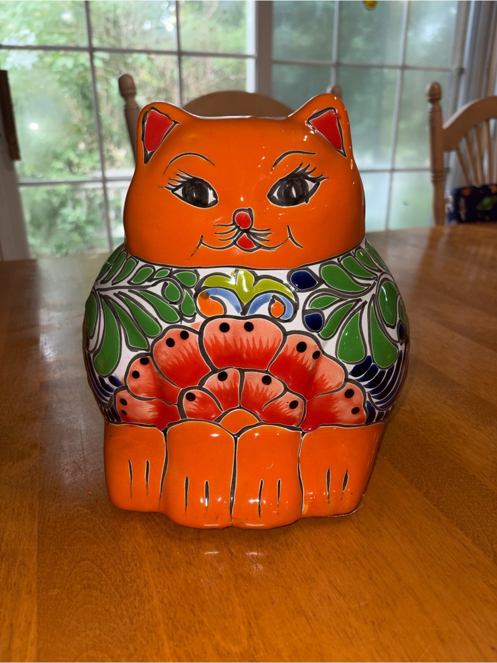 Mexican Pottery Hand-Painted Cat Planter Orange Green Floral Drainage Hole
